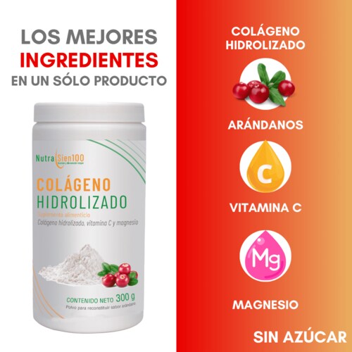 COLÁGENO hidrolizado puro en Polvo Con Vitamina C y Magnesio Sin Azúcar. Nutrasien100.  Sabor arándano 1 Bote de 300g