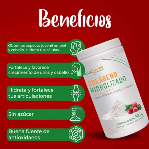 COLÁGENO hidrolizado puro en Polvo Con Vitamina C y Magnesio Sin Azúcar. Nutrasien100.  Sabor arándano 1 Bote de 300g
