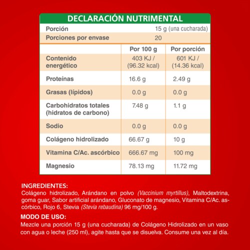 COLÁGENO hidrolizado puro en Polvo Con Vitamina C y Magnesio Sin Azúcar. Nutrasien100.  Sabor arándano 1 Bote de 300g