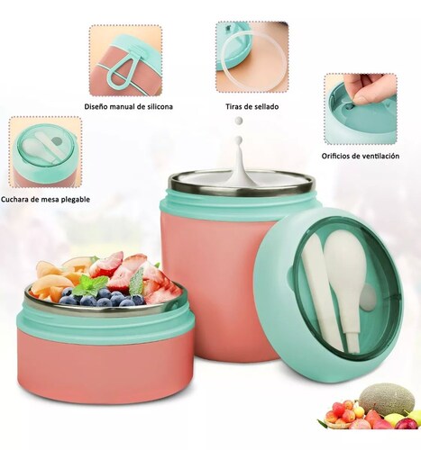 Lonchera Termica Acero Inoxidable De 710ml Incluye Cuchara color ROSA.