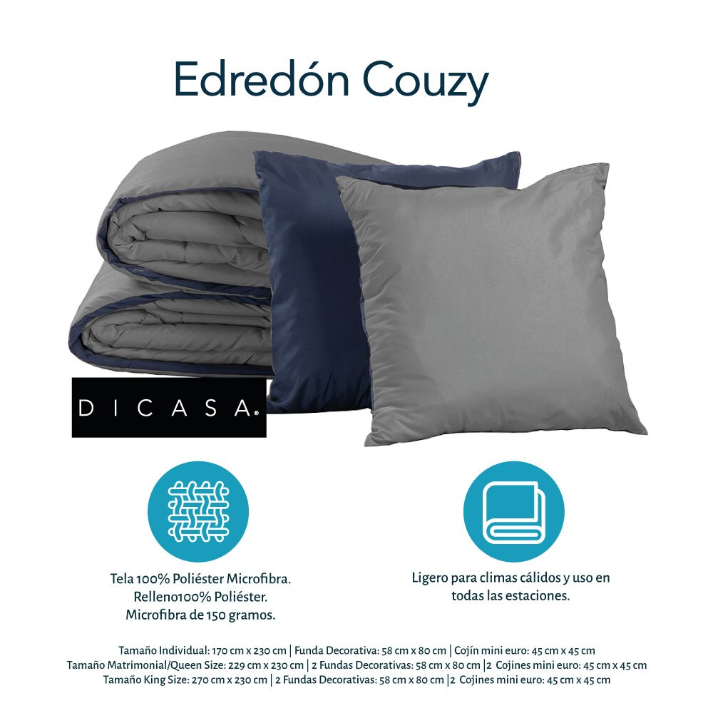 Set Edredon King Size Dicasa Couzy Azul Marino con Gris S banas