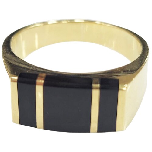 Anillo Rectangular plano con Lineas negras centrales de oro 10K