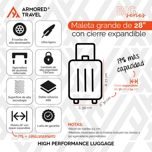 Maleta de viaje grande rígida BIG series 28 - 25kg con cierre expandible ABS doble calibre candado de alta seguridad TSA LOCK Armored travel Elephant