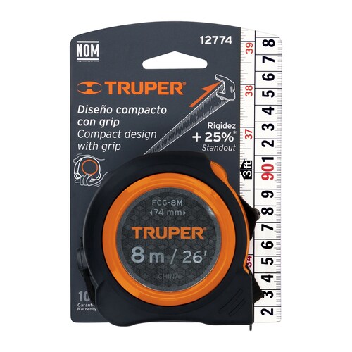  Flexómetro Compacto Con Grip, 8 M, Cinta 25 Mm Truper.