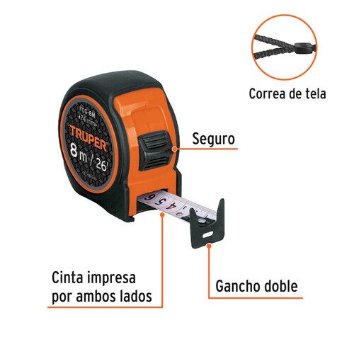  Flexómetro Compacto Con Grip, 8 M, Cinta 25 Mm Truper.
