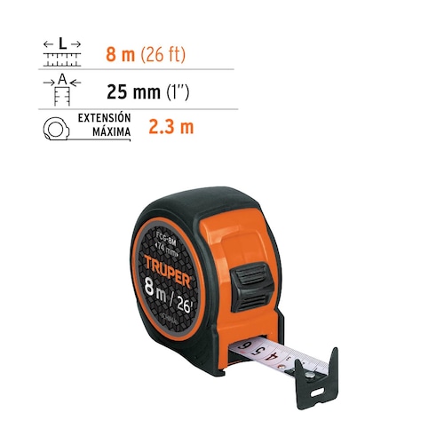  Flexómetro Compacto Con Grip, 8 M, Cinta 25 Mm Truper.