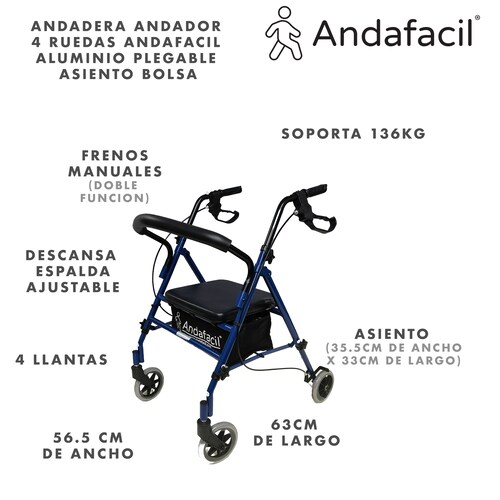 Andadera Andador 4 Ruedas Andafacil Aluminio Plegable Asiento Bolsa.