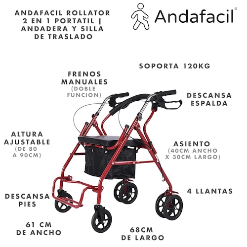 Andafacil Rollator 2 en 1 Portatil | Andadera y Silla de Traslado.