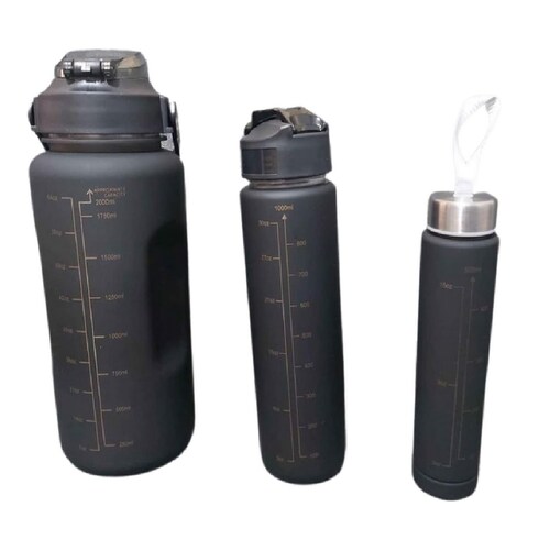 Kit 3 Piezas Botella Deportiva Motivacional Negro Con Dorado.
