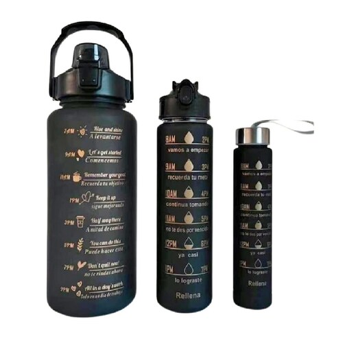 Kit 3 Piezas Botella Deportiva Motivacional Negro Con Dorado.