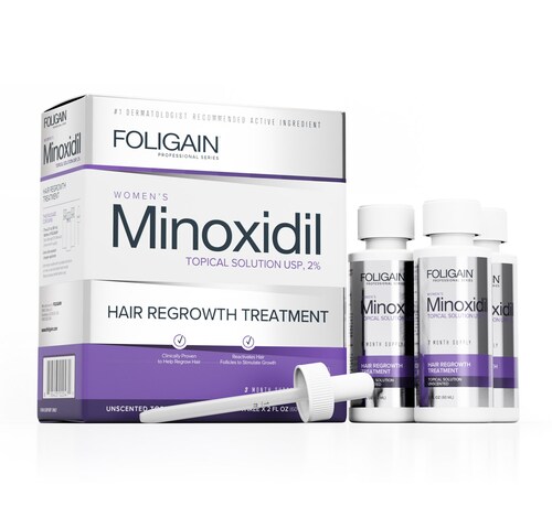 Foligain Minoxidil 2% para mujeres con cabello fino o alopecia 3 frascos para 3 meses de tratamiento.