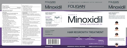 Foligain Minoxidil 2% para mujeres con cabello fino o alopecia 3 frascos para 3 meses de tratamiento.