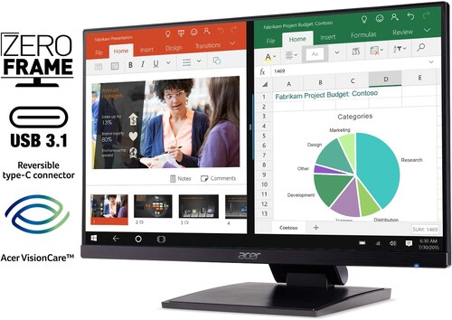 Acer UT241Y bmiuzx 23.8" Full HD (1920 x 1080) Zero Frame IPS Monitor táctil con Soporte inclinable de Doble bisagra (Puertos USB 3.1 Tipo-C, HDMI y VGA), Color Negro 