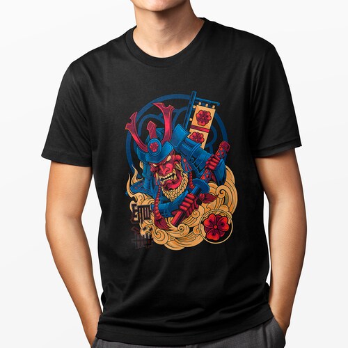 Playera Casual Negra - Samurai Guerrero Blue Art