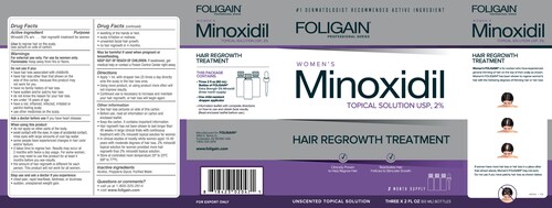 Foligain Minoxidil 2% para mujeres con cabello fino o alopecia 3 frascos para 3 meses de tratamiento.