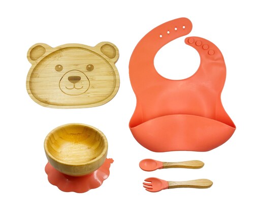 Vajilla en Bambú para Bebé con 2 Platos y Babero en Silicona libre de BPA