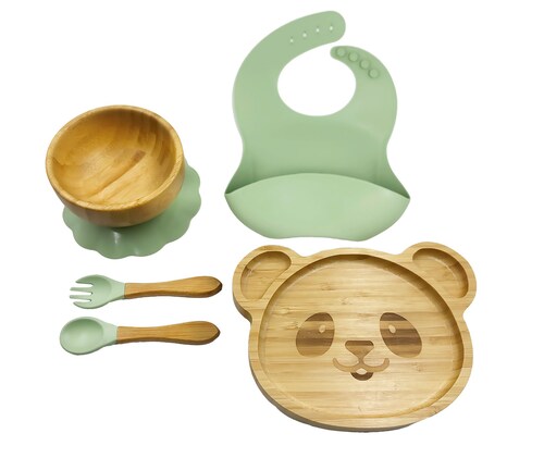 Vajilla en Bambú para Bebé con 2 Platos y Babero en Silicona libre de BPA
