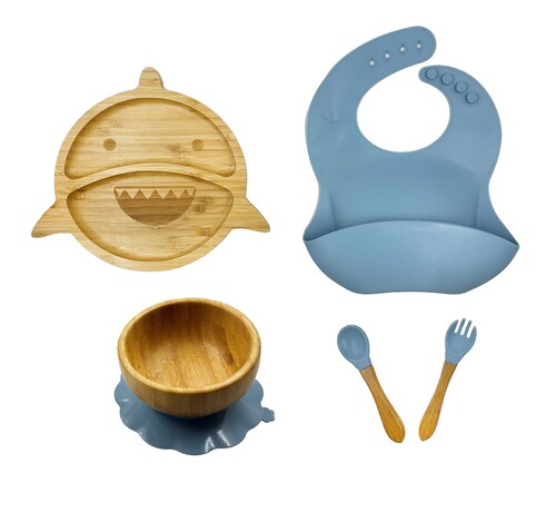 Vajilla en Bambú para Bebé con 2 Platos y Babero en Silicona libre de BPA
