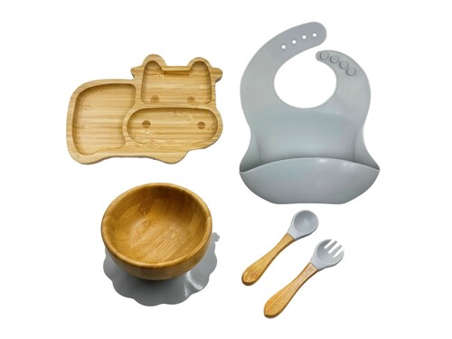 Vajilla en Bambú para Bebé con 2 Platos y Babero en Silicona libre de BPA