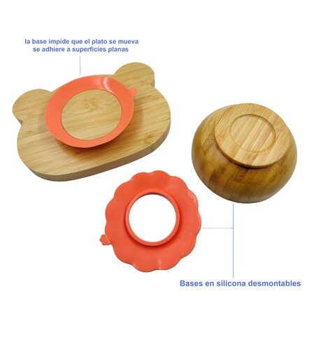 Vajilla en Bambú para Bebé con 2 Platos y Babero en Silicona libre de BPA