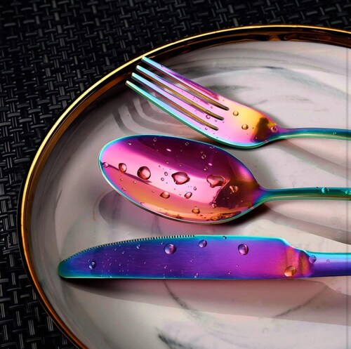 Cubiertos Tornasol, juego de cubiertos de 24 piezas de acero inoxidable Rainbow Silverware.