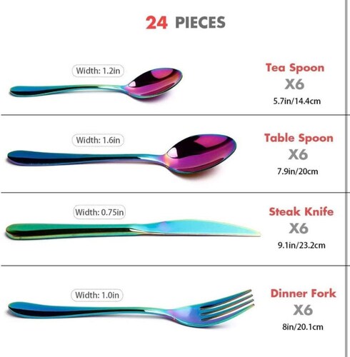 Cubiertos Tornasol, juego de cubiertos de 24 piezas de acero inoxidable Rainbow Silverware.