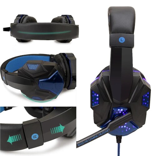 Audifonos gamer auriculares pc estéreo Led Gaming PS4 cable micrófono diadema lap azul xbox cel