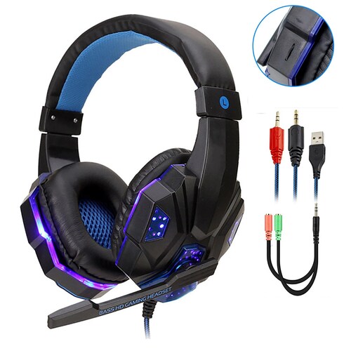 Audifonos gamer auriculares pc estéreo Led Gaming PS4 cable micrófono diadema lap azul xbox cel