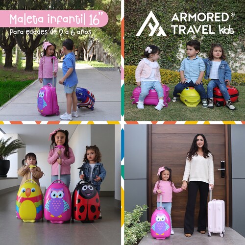 Maleta de viaje niñas niños carry-on mochila rígida infantil con ruedas 16 kínder Preescolar usos múltiples Edades 2 a 6 años Armored kids Búho.