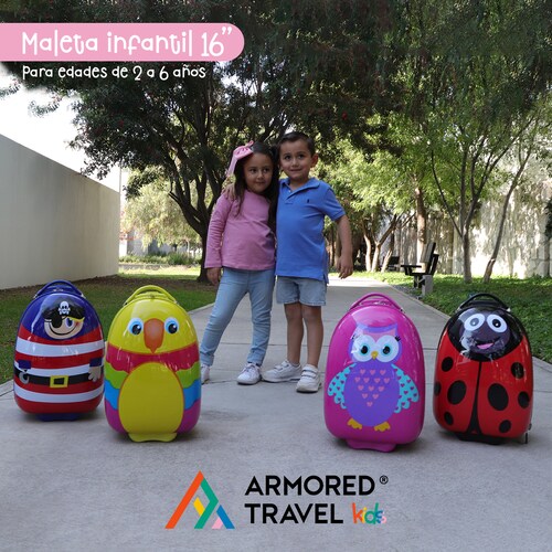 Maleta de viaje niñas niños carry-on mochila rígida infantil con ruedas 16 kínder Preescolar usos múltiples Edades 2 a 6 años Armored kids Búho.