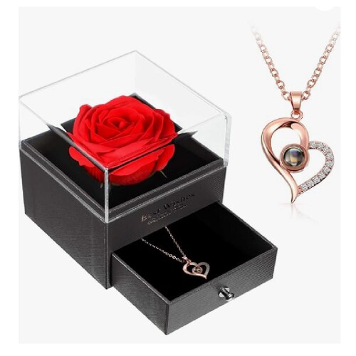 Rosa Roja Eterna Con Joyero Y Collar Te Amo En 100 Idiomas