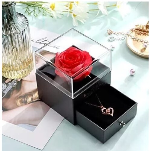 Rosa Roja Eterna Con Joyero Y Collar Te Amo En 100 Idiomas