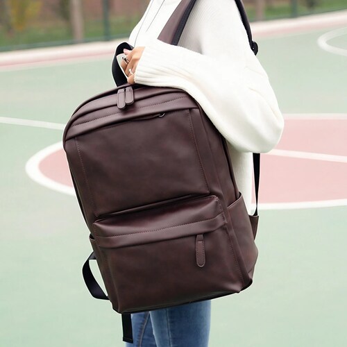 Mochila De Piel Sintética Retro Para Hombre, Bolso De Piel Vegana Informal De Gran Capacidad Para Laptop, Ideal Para Viaje O Excursión Marrón Oscuro