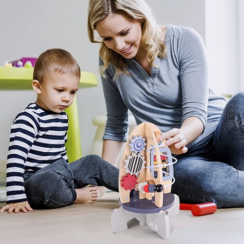 Cubo de Actividades de Juguetes de Madera, Juguetes temáticos espaciales para niños pequeños de 1 a 3 años, Cubo de Cohete de Juguete Montessori para bebé, Laberinto de Cuentas