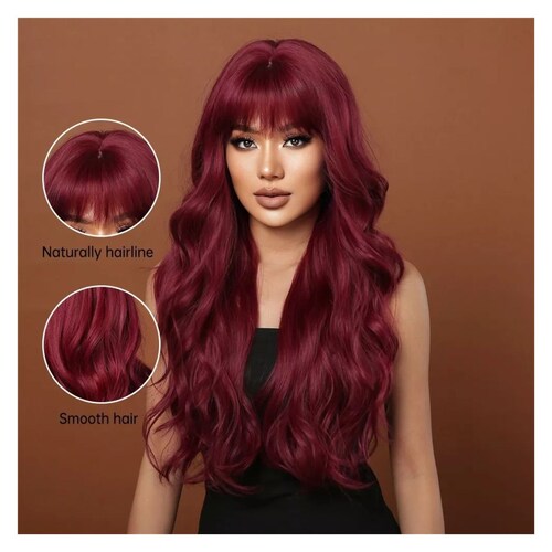 Peluca Rojo Para Mujer Larga Ondulada Flequillos Natural ROJO VINO