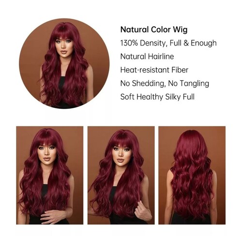 Peluca Rojo Para Mujer Larga Ondulada Flequillos Natural ROJO VINO