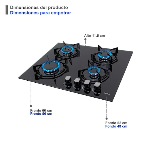 Parrilla A Gas Empotrar KAYSER Supra 4 Quemadores Cristal Templado.