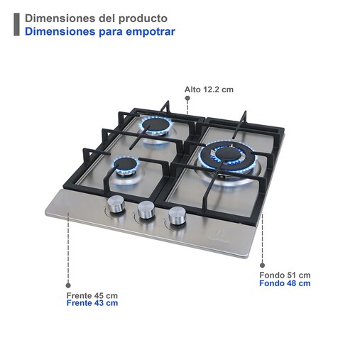 Supra Parrilla A Gas Empotrable BERARDI  45cm En Acero 3 Quemadores