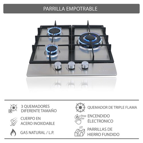 Supra Parrilla A Gas Empotrable BERARDI  45cm En Acero 3 Quemadores