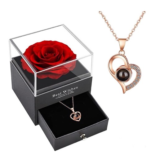 Rosa Roja Eterna Con Joyero Y Collar Te Amo En 100 Idiomas