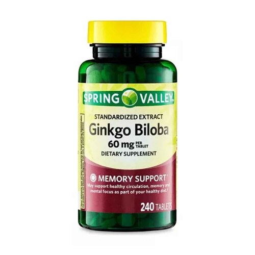 Ginkgo Biloba 60 mg Spring Valley 240 capsulas Ayuda Memoria, Reduce Fatiga 