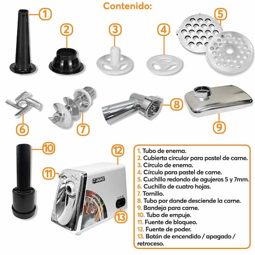 Molino de Carne Eléctrico Archy  de Acero Inoxidable Picador Embutidor Salchicha tipo Industrial para Uso Doméstico Cocina Restaurante 2500W Incluye Accesorios
