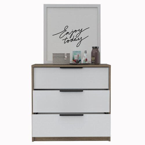 COMODA ARMABLE 3 CAJONES MODELO KAIA  COLOR MIEL CON BLANCO.