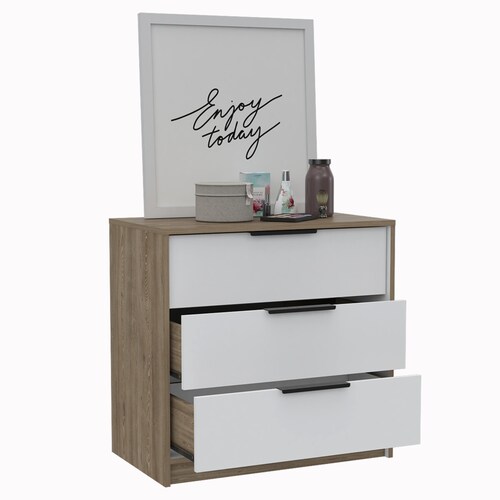 COMODA ARMABLE 3 CAJONES MODELO KAIA  COLOR MIEL CON BLANCO.