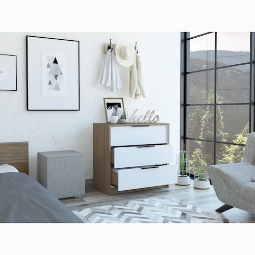 COMODA ARMABLE 3 CAJONES MODELO KAIA  COLOR MIEL CON BLANCO.