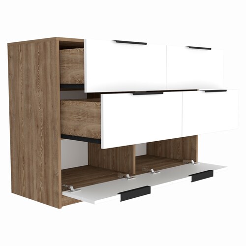 COMODA ARMABLE 4 CAJONES MODELO KAIA COLOR MIEL CON BLANCO.