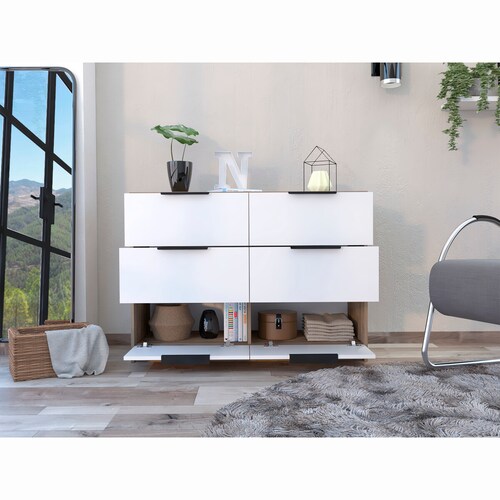 COMODA ARMABLE 4 CAJONES MODELO KAIA COLOR MIEL CON BLANCO.