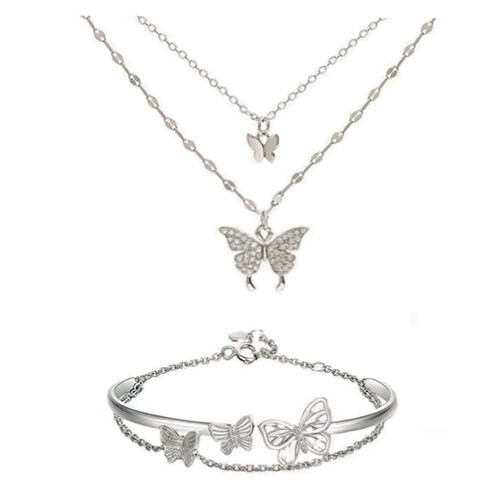 Collar De Cadena Doble Mariposas Brillantes Pulsera Mujer