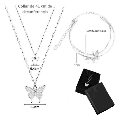 Collar De Cadena Doble Mariposas Brillantes Pulsera Mujer