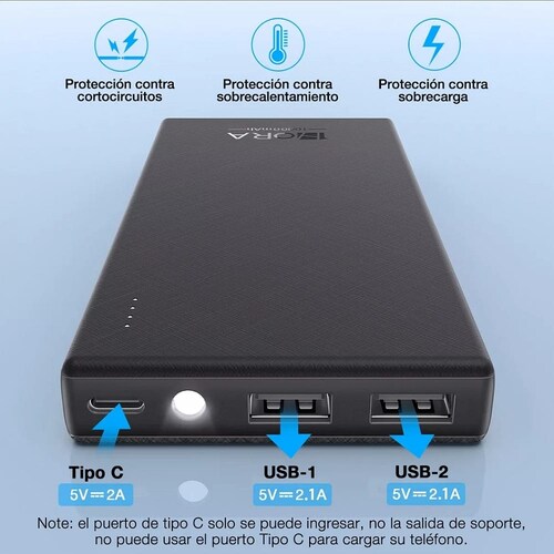Power Bank Batería Portátil 10000mah Bateria 1hora Gar263 Power Bank Con Indicador De Luz Y Tipo C Baterias Portatiles Celulares Con 2 Usb Salidas Y 1 Entrada Tipo C Negro